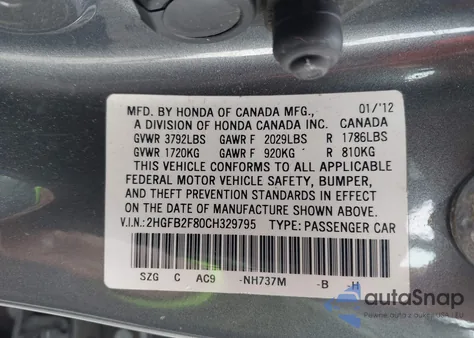 2012 Honda Civic Ex z USA, uszkodzony, nr VIN 2HGFB2F80CH329795